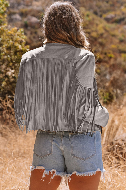 Women Fringe Faux Suede Cropped Jacket Western Style