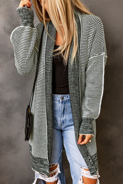 Black Plaid Knitted Long Open Front Cardigan