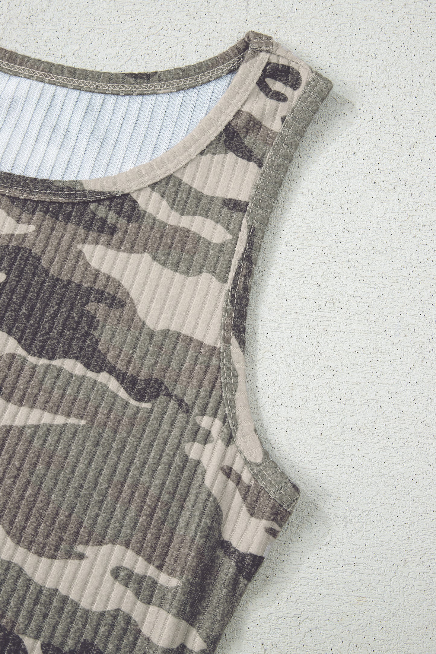 Green Camo Ribbed Knit Scoop Neck Tank Top