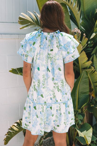 Sky Blue Floral Ruffle Sleeve Tie Neck Mini Dress
