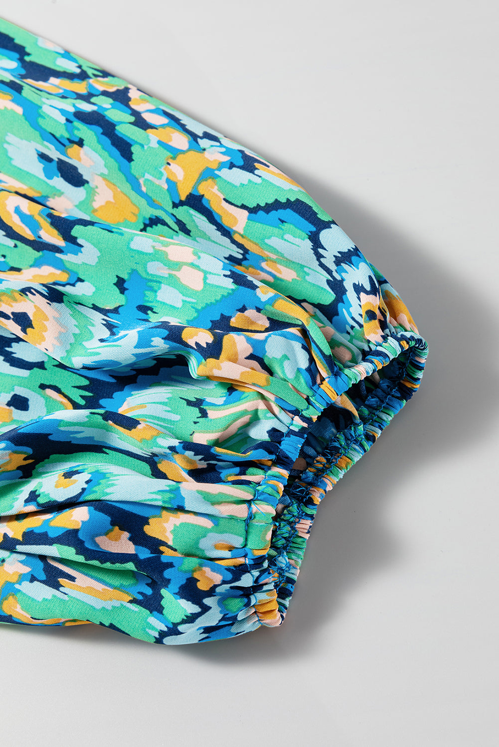 Green Abstract Print V Neck Puff Sleeve Smocked Romper