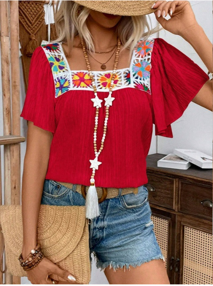 Floral Crochet Patchwork Summer Blouse for Women