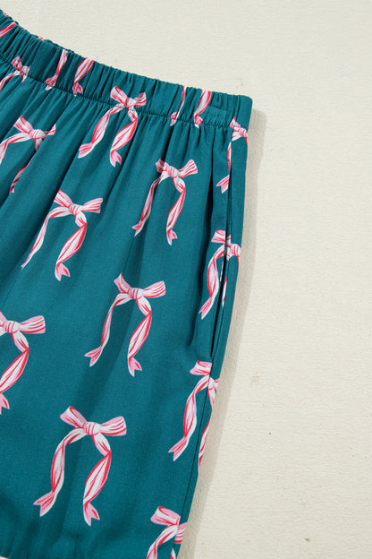 Green Bow Satin Pajama Set for Valentine Long Sleeve/Shorts