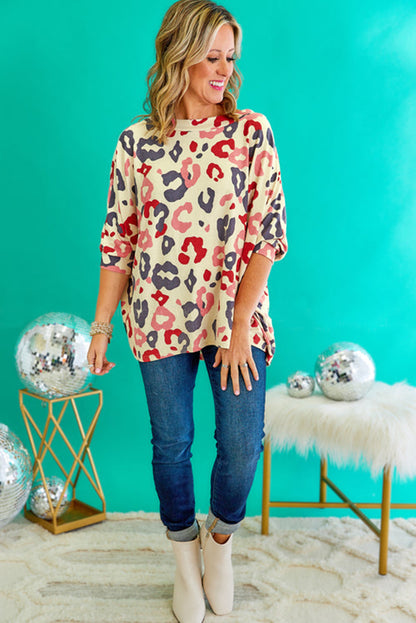 White Colorful Leopard Print Batwing Sleeve Plus Blouse