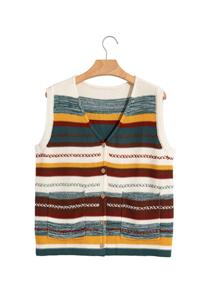 Striped Knit Button Front Sweater Vest