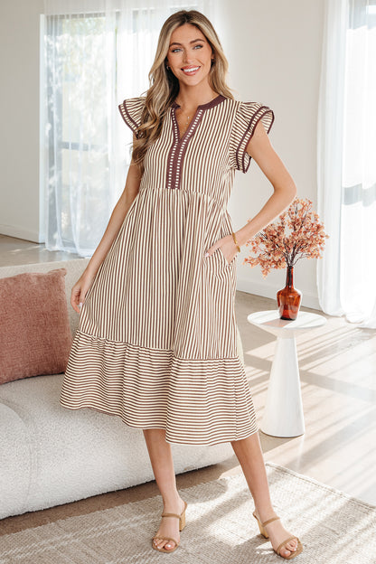 Black Stripe Ruffle Sleeve Contrast Trim V Neck Midi Dress