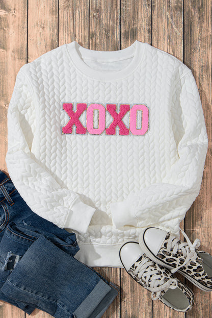 White LUCKY Chenille Embroidered Cable Knit Pullover Sweatshirt