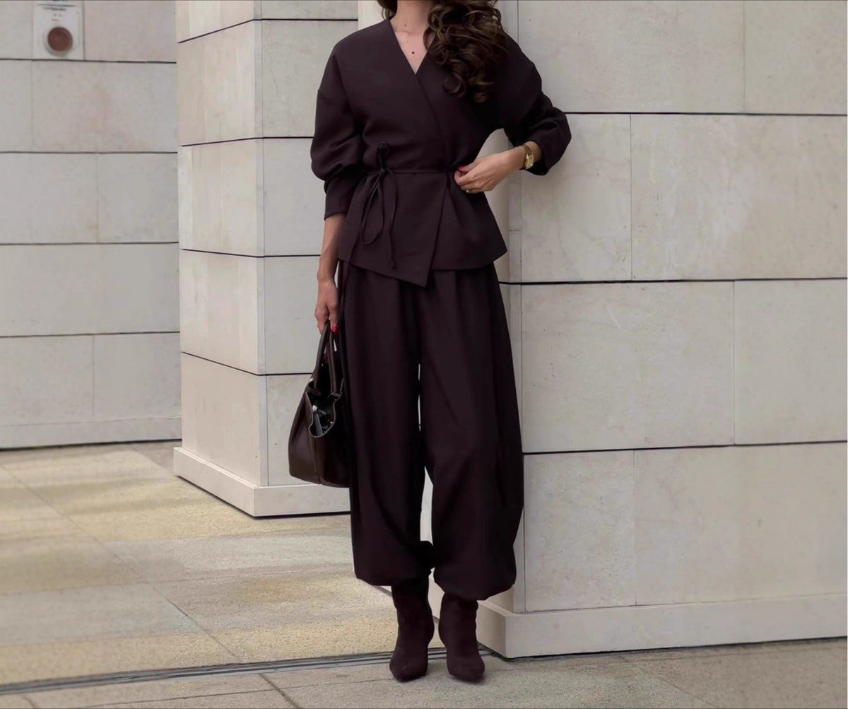 Women's Wrap Belted Wide Leg Pants Two Piece Set