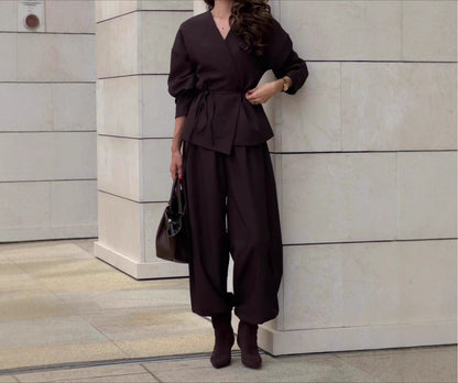 Women's Wrap Belted Wide Leg Pants Two Piece Set