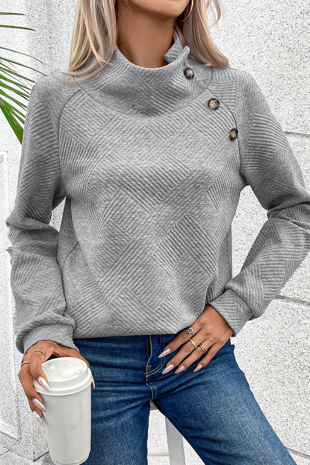 Black Asymmetric Buttons Detail High Neck Textured Sweatshirt