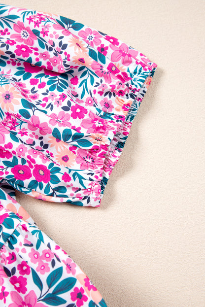 Plus Size Easter Floral Puff Sleeve Button A Line Dress