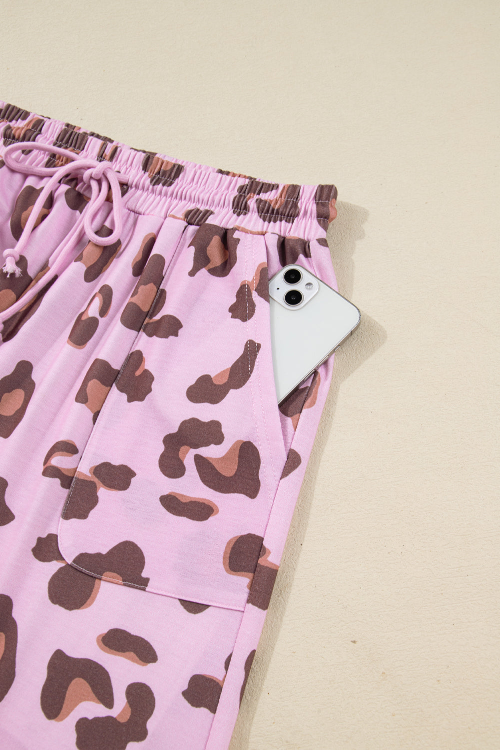Leopard Print Wide Leg Drawstring Pants with Pockets