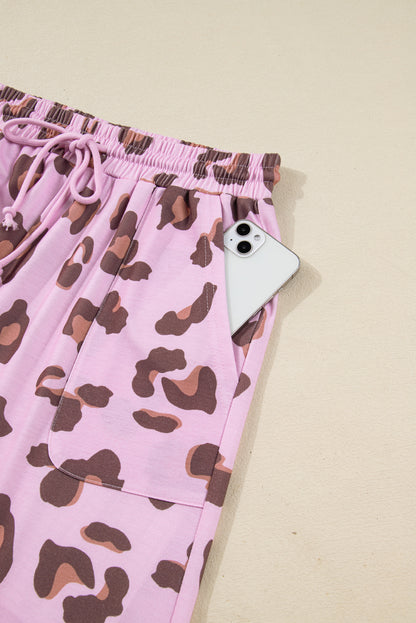 Leopard Print Wide Leg Drawstring Pants with Pockets
