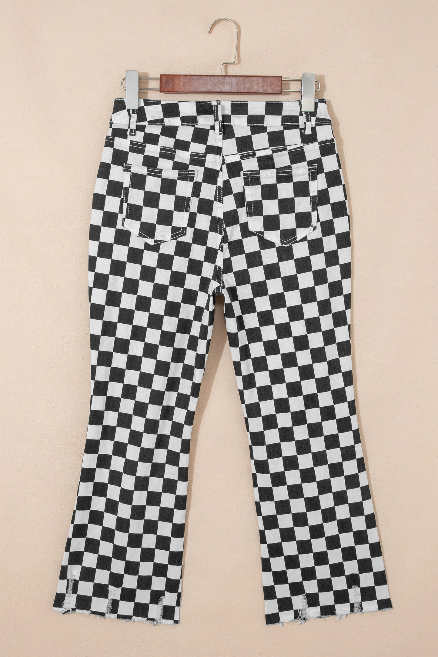 Checkerboard Distressed Cropped Jeans Raw Hem Pants