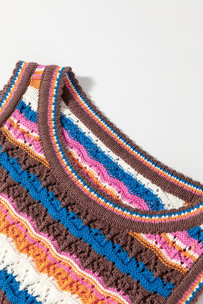 Boho Striped Crochet Knit Tank Sleeveless Sweater