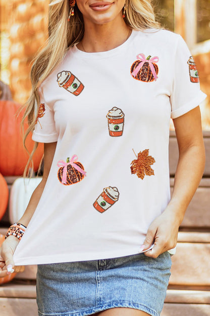 Sequin Pumpkin Coffee Thanksgiving Fall Graphic Tee