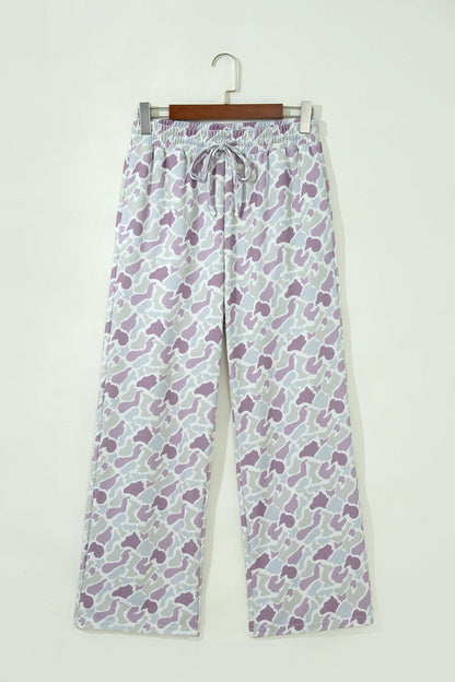 Pastel Camo Print Drawstring Wide Leg Pants