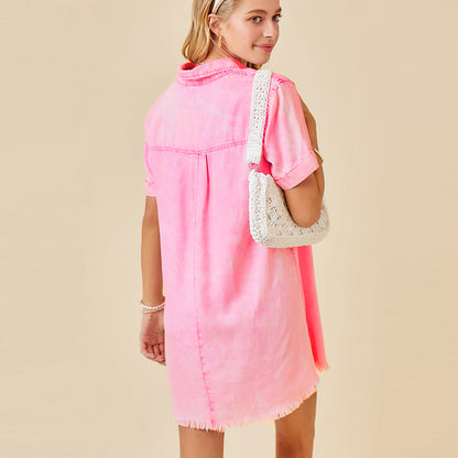 Washed Denim Shirt Dress Short Sleeve Casual Mini Dress