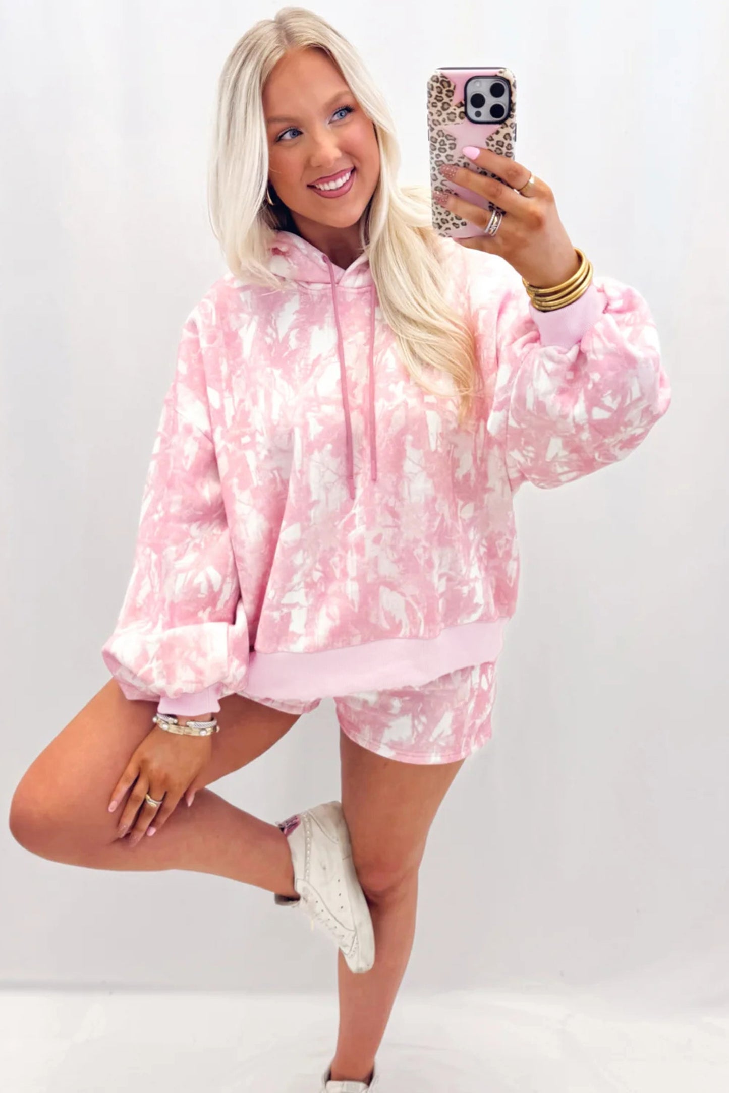 Pink Tie Dye Hoodie Shorts Set 2PC Lounge Set