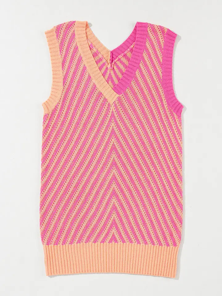 Color Block Chevron Knit Sweater Vest V Neck Top