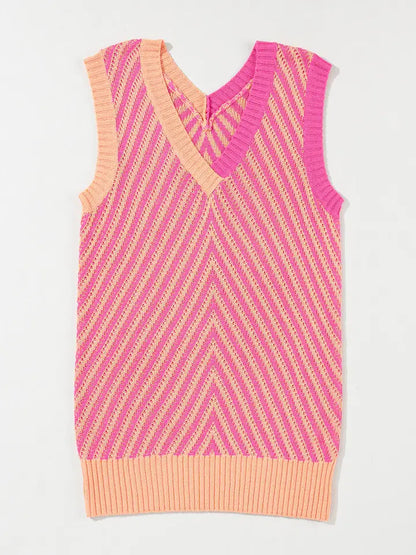 Color Block Chevron Knit Sweater Vest V Neck Top