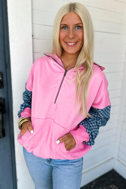Bonbon Checkered Patchwork Half Zip Hoodie with Pocket