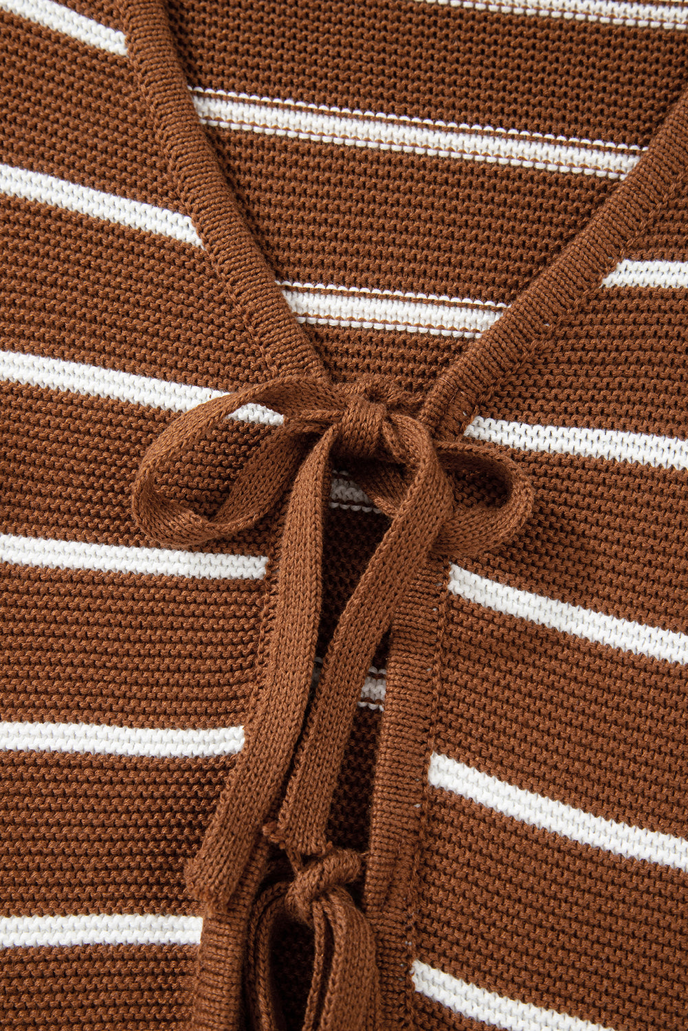 Chestnut Striped Knit Tie Front V Neck Cardigan Sweater