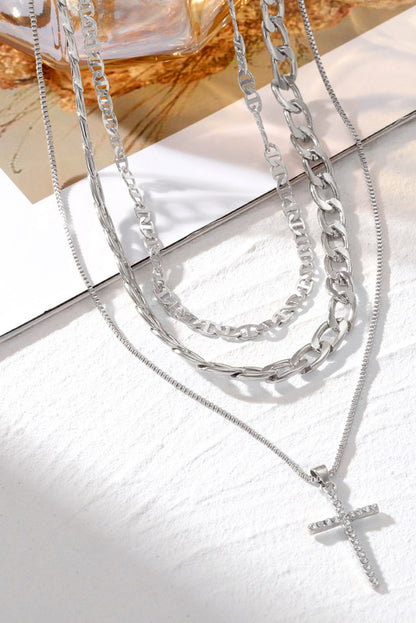 Silver Cross Pendant Layered Chain Necklace Set
