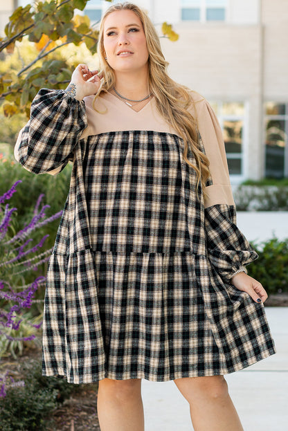 Black Plaid Waffle Knit Patchwork Collared V Neck Plus Size Mini Dress