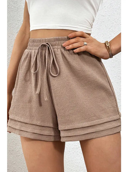 Textured High Waist Drawstring Tiered Casual Shorts