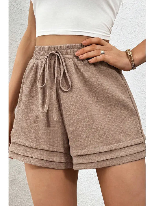 Textured High Waist Drawstring Tiered Casual Shorts