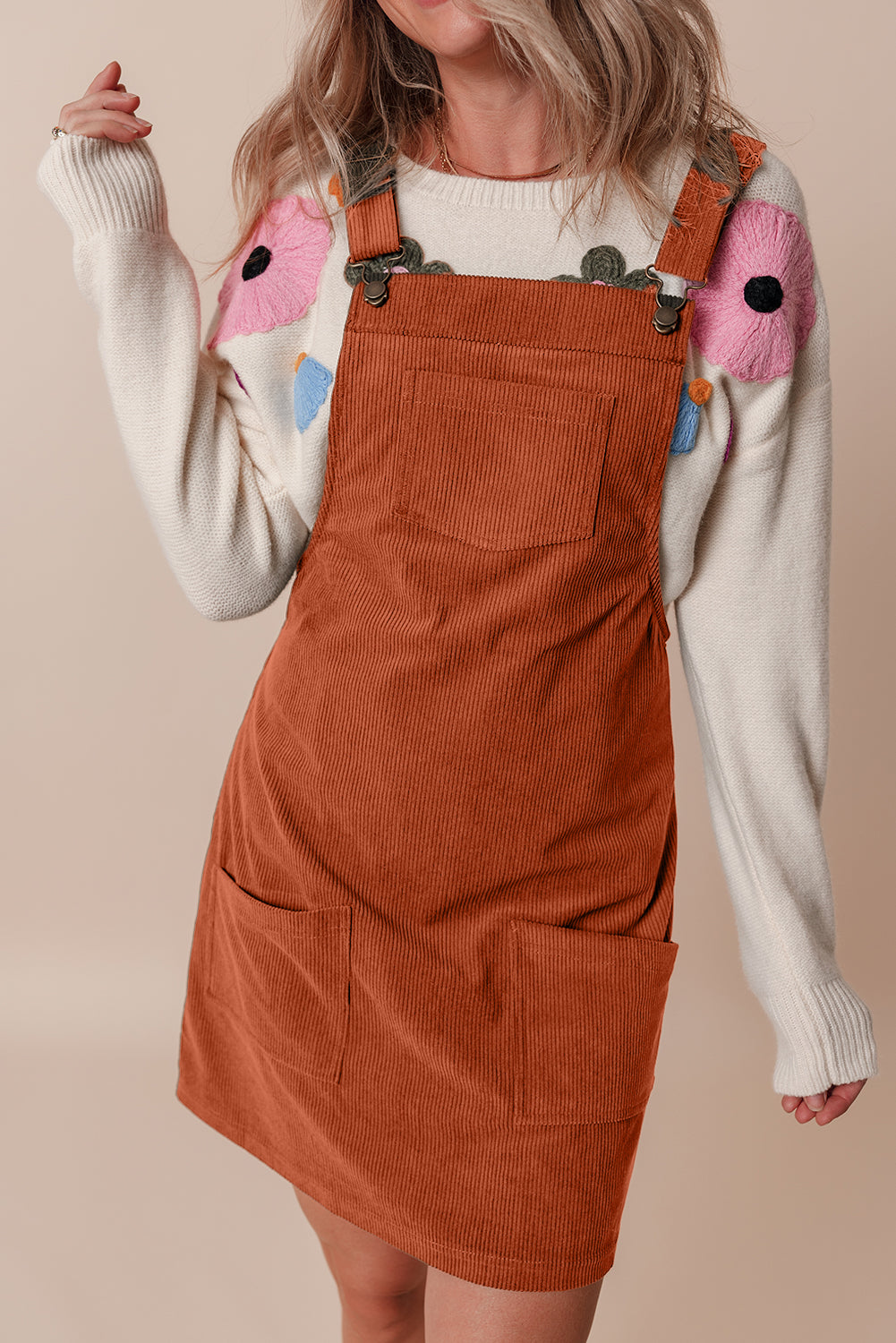 Sleeveless Corduroy Jumper Dress with Utility Pockets