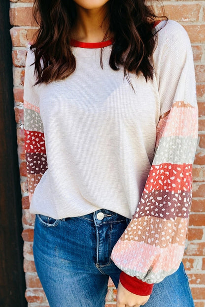Jet Stream Contrast Leopard Color Block Sleeve Loose Pullover