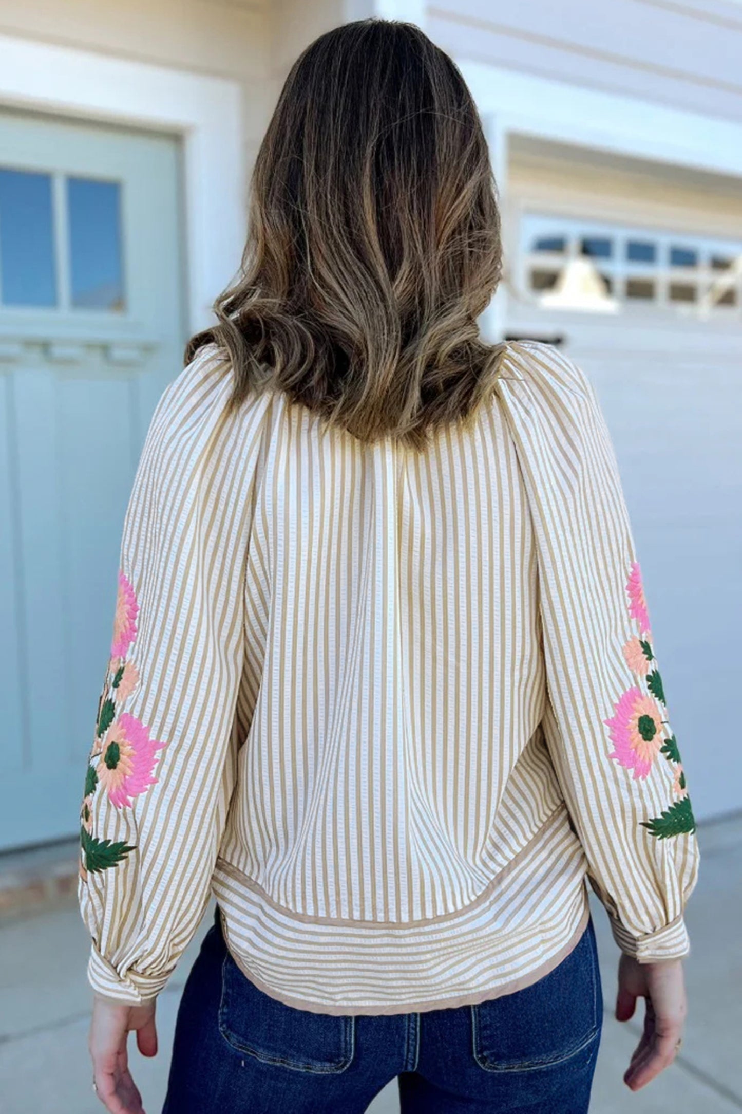 Stripe Floral Embroidered V Neck Blouse Women Long Sleeve