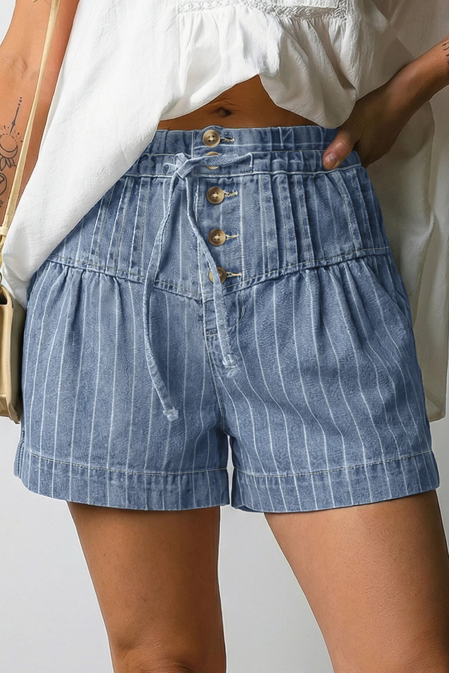 Sky Blue Stripe High Waist Button Denim Shorts Drawstring