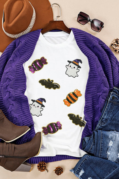 Halloween Sequin Ghost Candy Bat Graphic Casual T Shirt