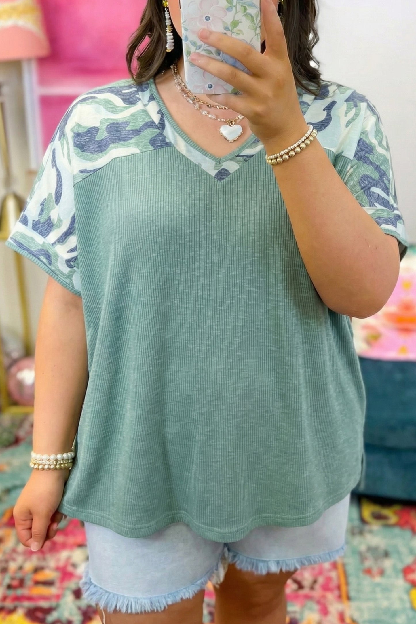 Women Camo Sleeve V Neck Casual Loose Fit Summer Top