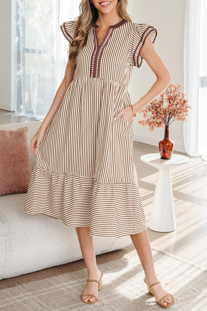 Black Stripe Ruffle Sleeve Contrast Trim V Neck Midi Dress