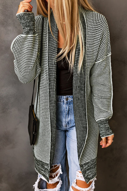 Black Plaid Knitted Long Open Front Cardigan