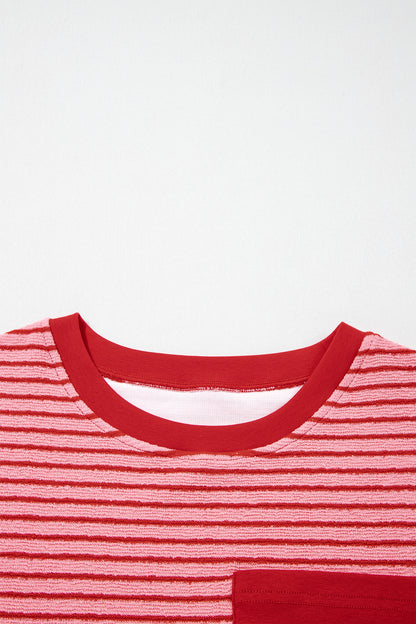 Khaki Stripe Crew Neck Tee Drawstring Waist Cropped Pants Set