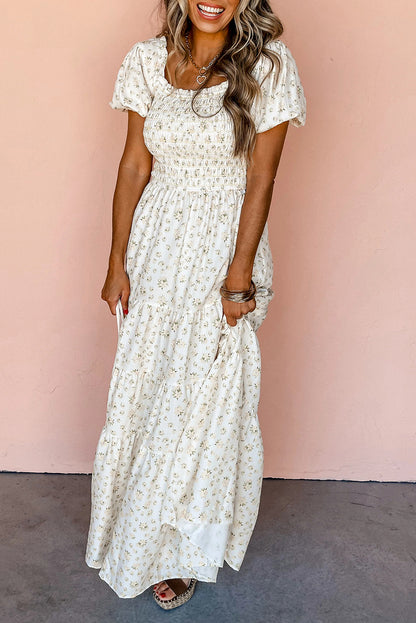 White Floral Shirred Smocked Tiered Maxi Dress