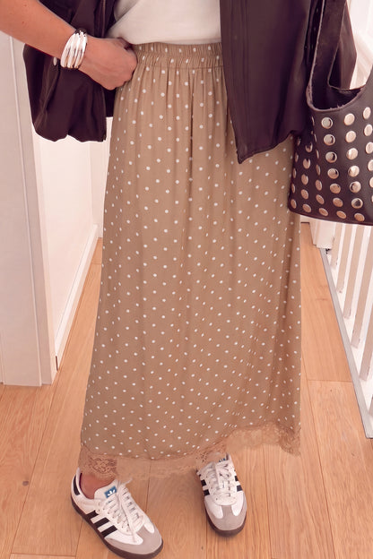 Khaki Polka Dot Lace Hem Elegant Long Shift Skirt