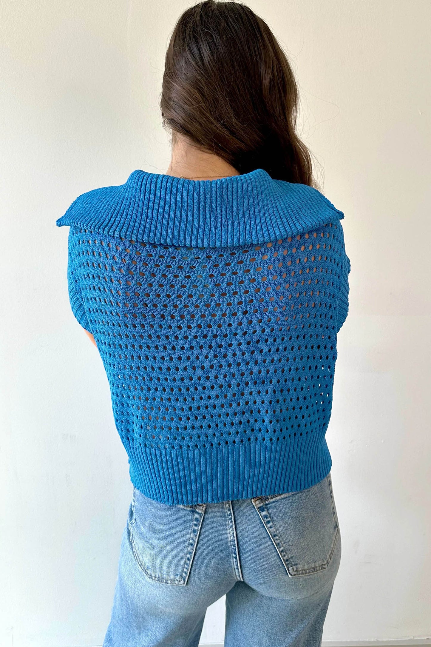 Open Knit Quarter Zip Short Sleeve Sweater Top
