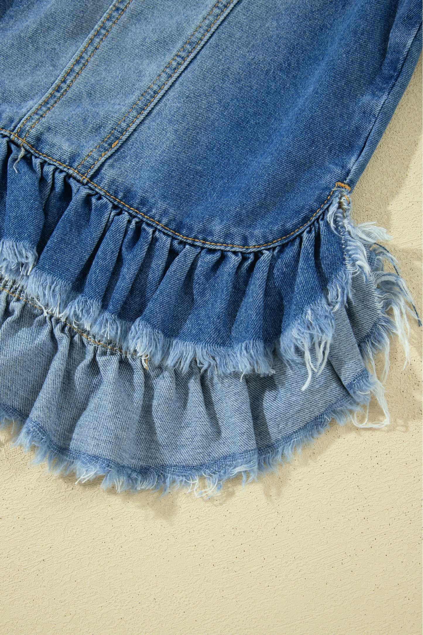 Ruffle Trim Raw Hem Half Sleeve Cropped Denim Jacket