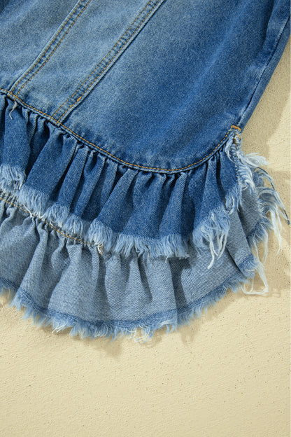 Ruffle Trim Raw Hem Half Sleeve Cropped Denim Jacket