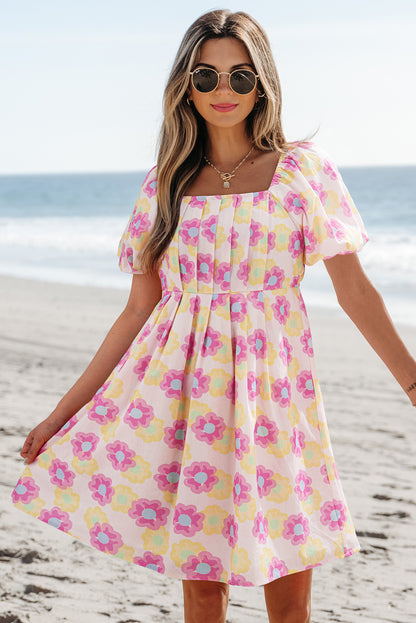 Rose Floral Square Neck Puff Sleeve Babydoll Mini Dress