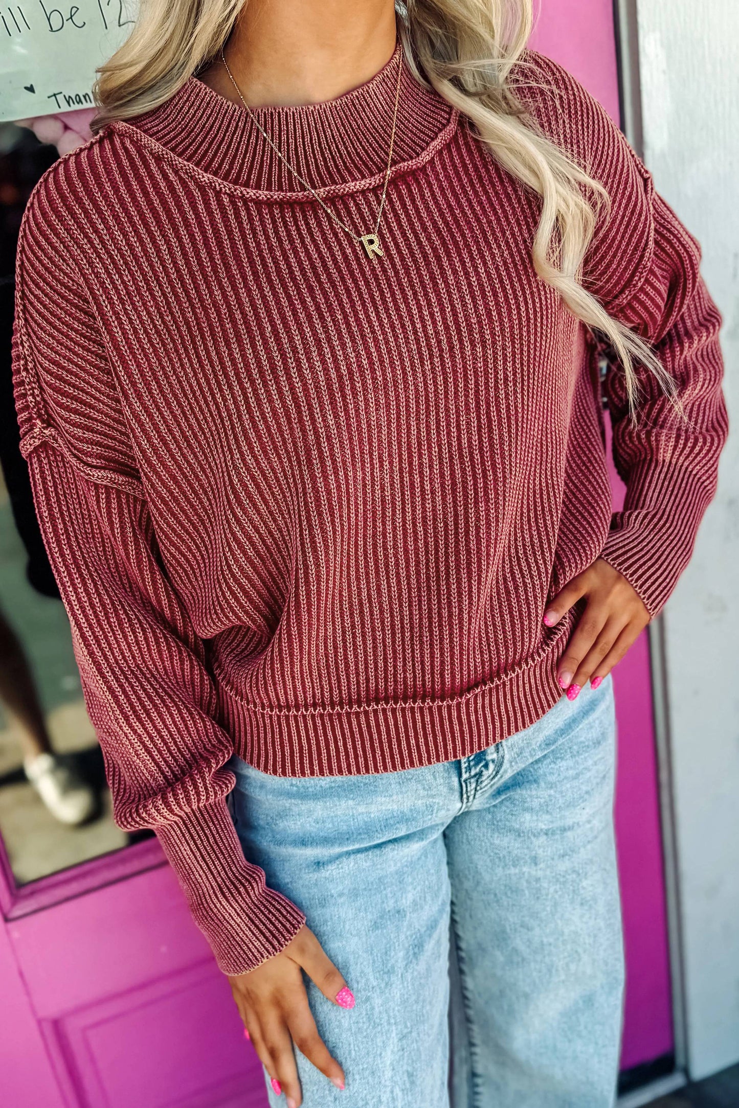 Red Ribbed Mock Neck Drop Shoulder Sweater
