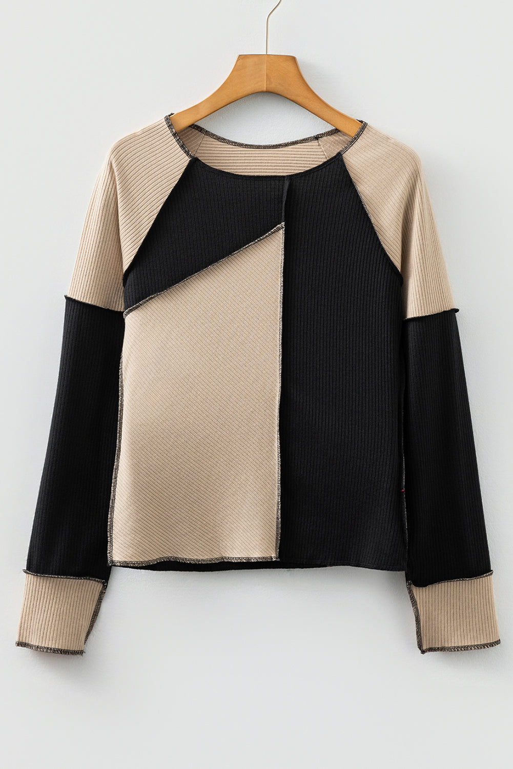 Irregular Color Block Rib Knit Long Sleeve Top