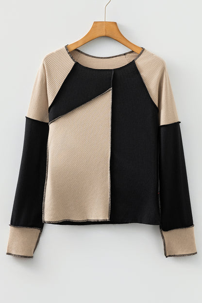Irregular Color Block Rib Knit Long Sleeve Top