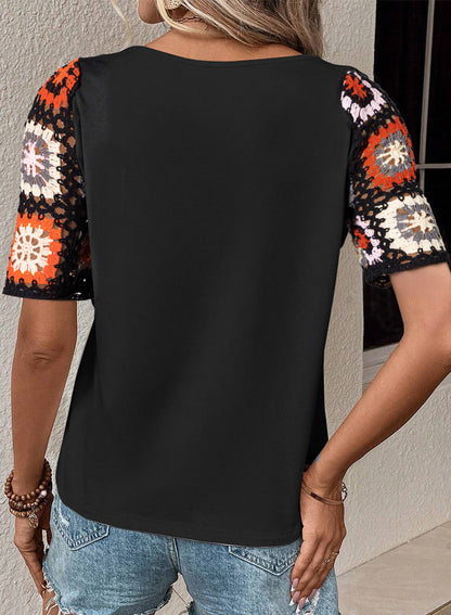 Casual Round Neck Floral Crochet Sleeve Top